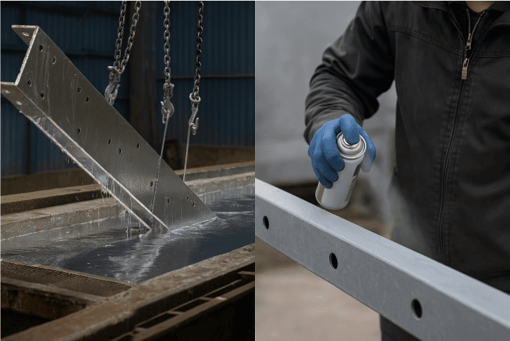 Comparaison visuelle entre la galvanisation à chaud et la galvanisation à froid sur des pièces en acier dans un environnement industriel.