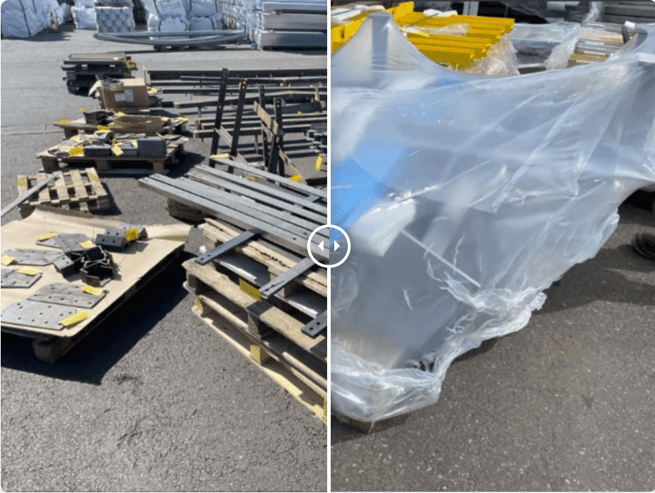 Comparaison avant/après : pièces en acier brut étiquetées à gauche, pièces galvanisées et thermolaquées emballées à droite.