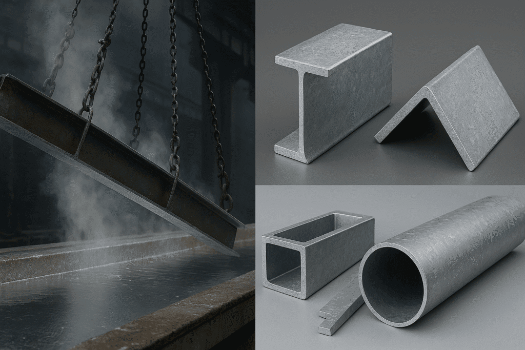 Processus de galvanisation à chaud avec immersion d’une poutre dans le zinc fondu et présentation de pièces d’acier galvanisé finies.