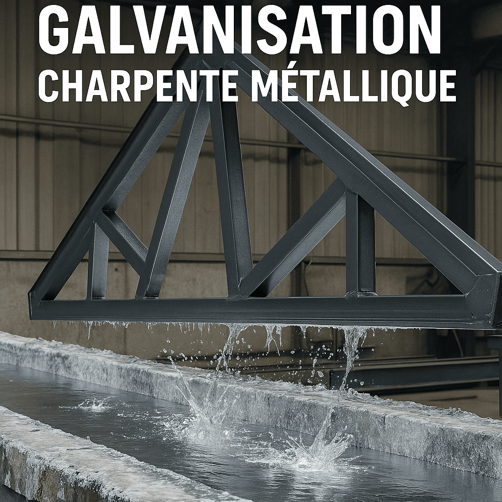 Structure de charpente métallique plongée dans un bain de zinc en fusion pour galvanisation à chaud