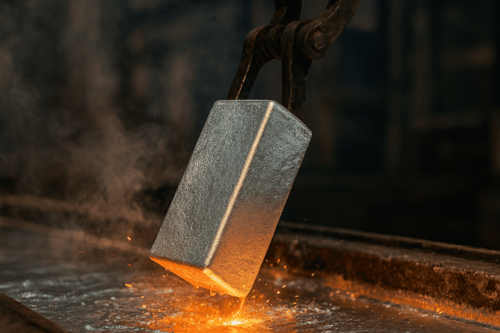 Lingot de zinc de première fusion plongé dans un bain de zinc en fusion avec outillage industriel