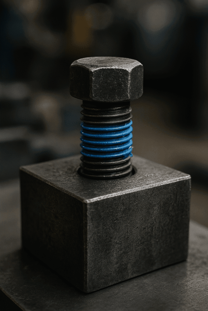 Gros plan sur un boulon en acier brut vissé dans un bloc métallique, avec de la pâte à joint bleue dans le filetage, sur fond d’atelier flou